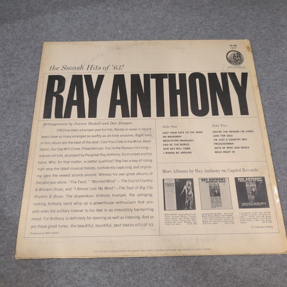 Ray Anthony Smash Hits of '63 Vinyl LP Capitol STK 83699 German Import Jazz Pop - Picture 2 of 6